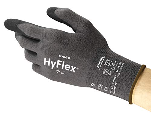 Ansell HyFlex 11-840 Nylon Light Duty Multi-Purpose Glove with Knitwrist, Abrasion/Cut Resistant, 1.21 mil Thickness, Size 8, Gray (Pack of 12 Pair)