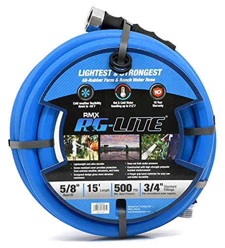 AG-LITE BSAL5815 5/8" x 15' Hot/Cold Water Rubber Garden Hose, 100% Rubber, Ultra-Light, Super Strong, 500 PSI, -50F to 190F Degrees, High Strength Polyester Braided